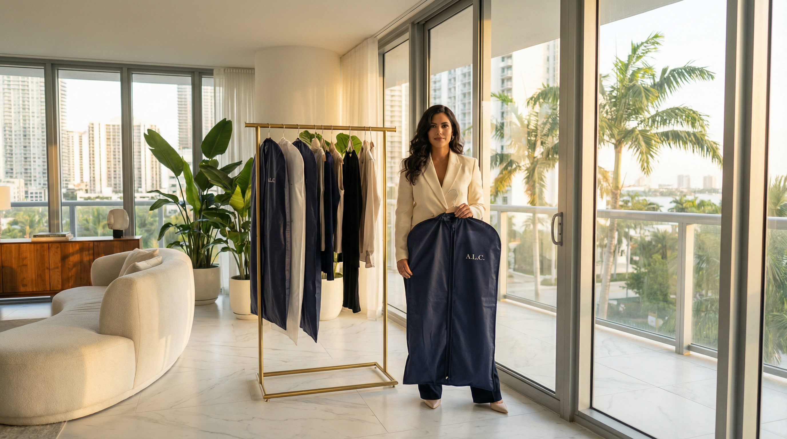 Stylish Midtown Miami professional receiving freshly cleaned garments in her luxury apartment